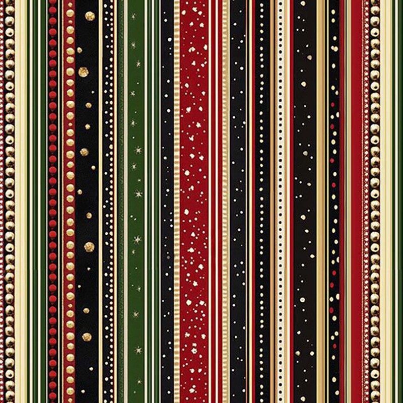 Fabric with varying stripes in red, green, black, and gold with scattered snow on top.