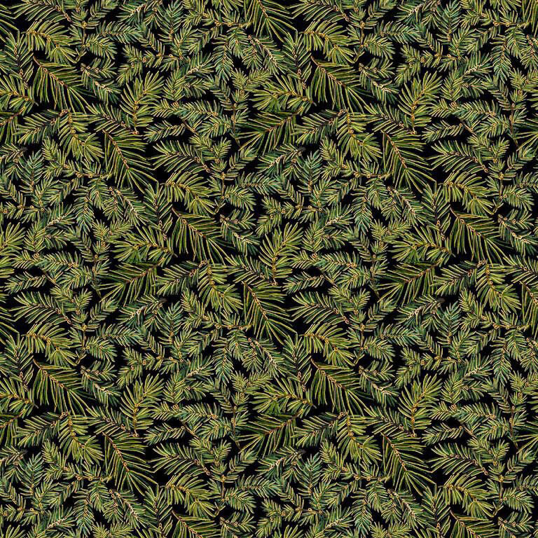 Black fabric with a packed design of small pine needles with metallic accents.