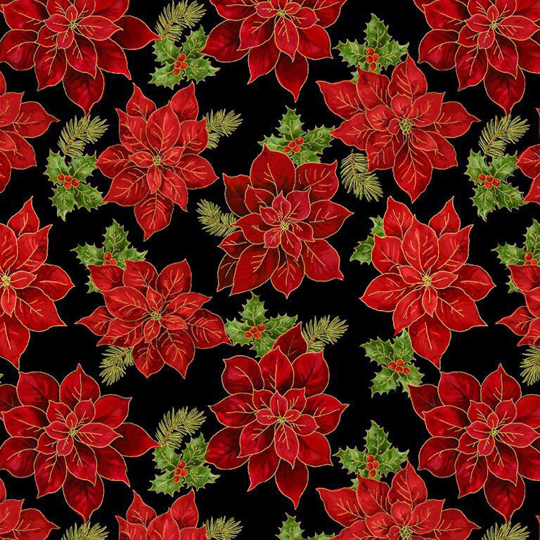 Black fabric with large red poinsettias with gold metallic accents.