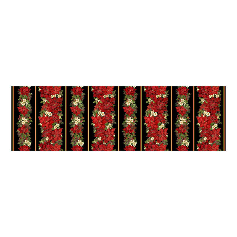 Border stripe fabric with alternating rows of thick garlands of poinsettias with gold metallic accents.