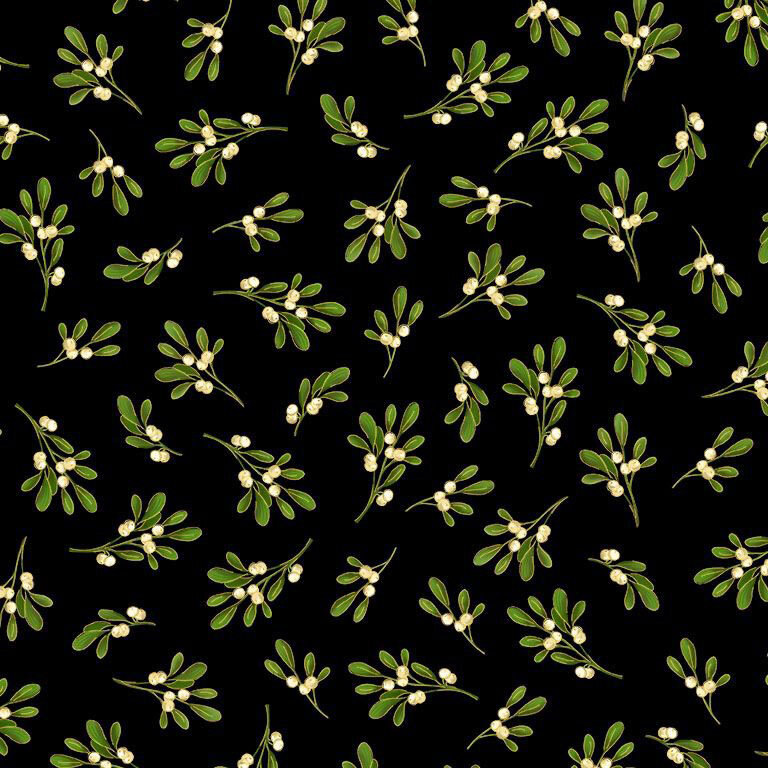 Black fabric with tossed mistletoe sprigs with gold metallic accents.