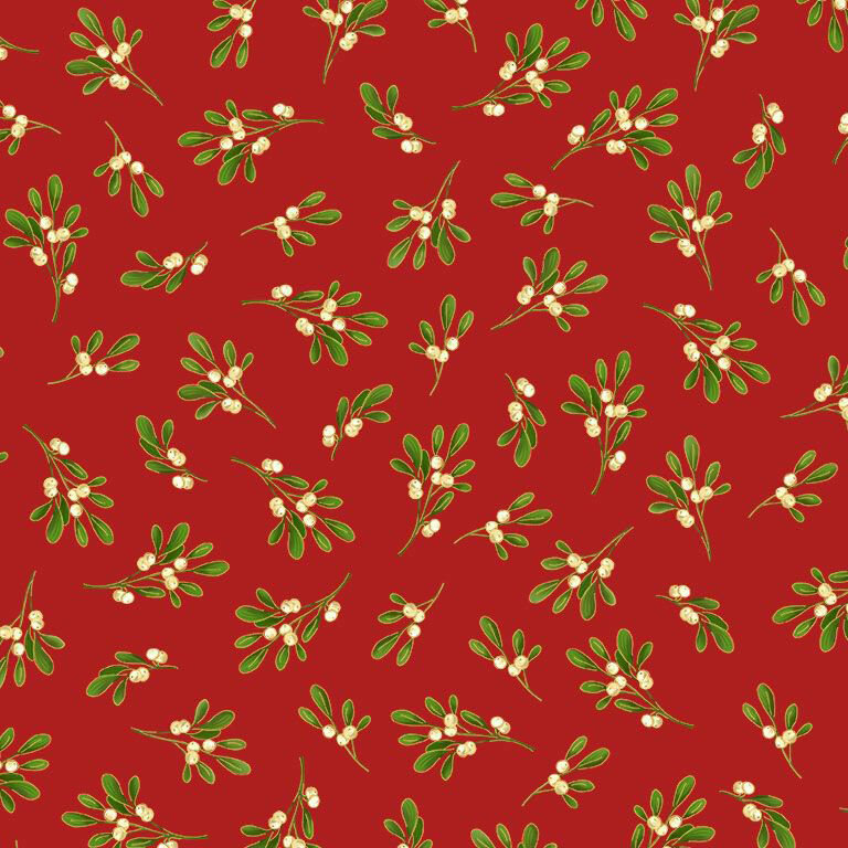 Red fabric with tossed mistletoe sprigs with gold metallic accents.