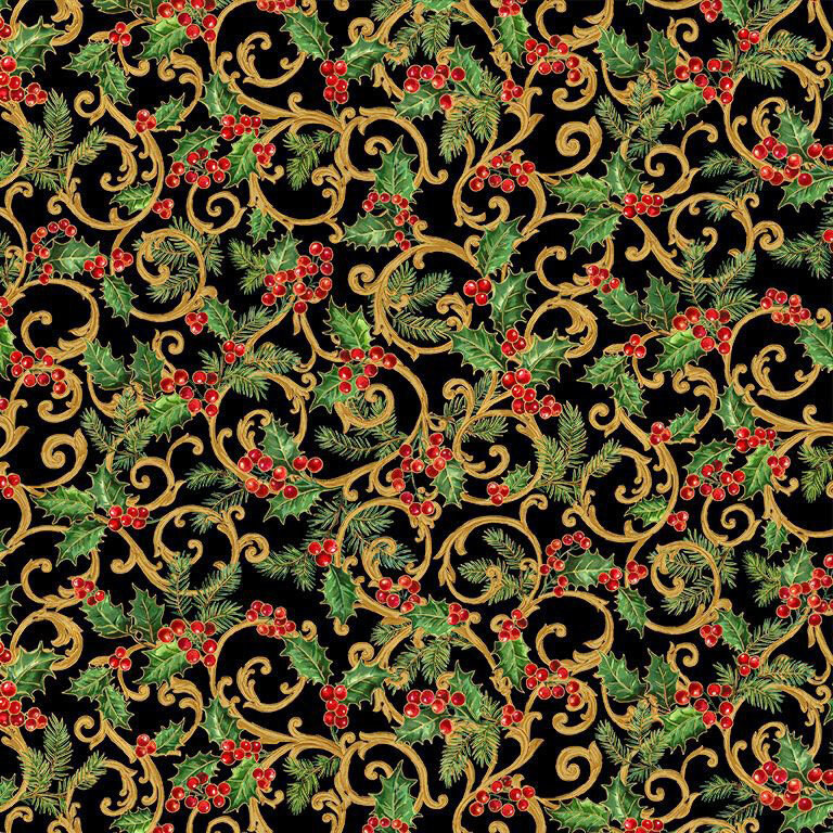 Black fabric with small holly leaves and swirling filigree with gold metallic accents.