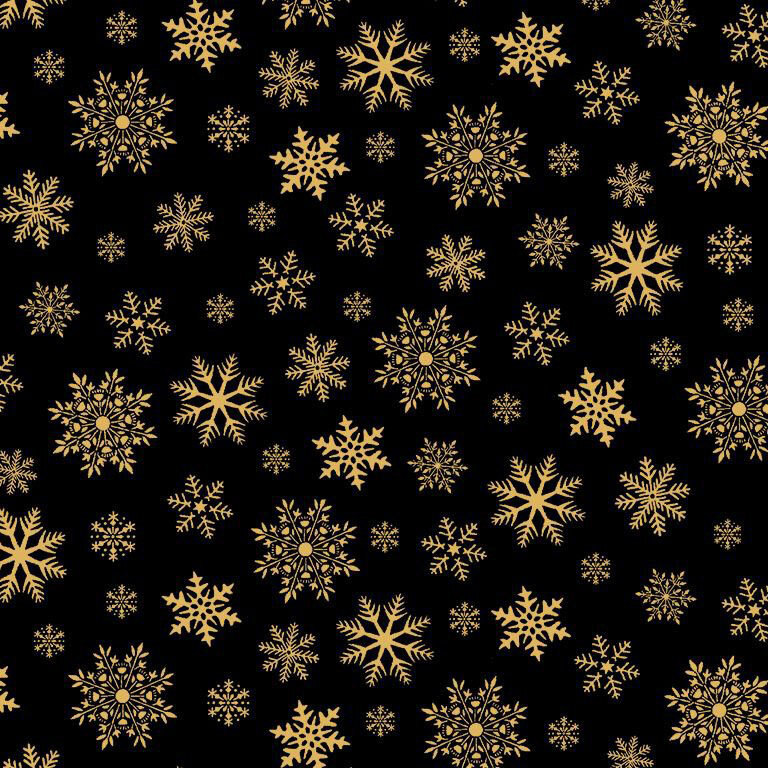 Black fabric with gold metallic accented snowflakes.