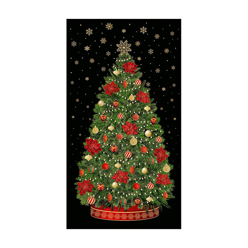 Black panel of a large decorated Christmas tree with gold metallic accents.