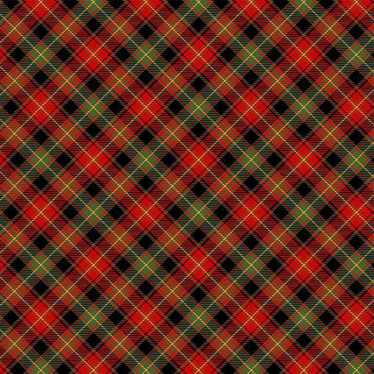 Diagonal red and green plaid with gold metallic accents.