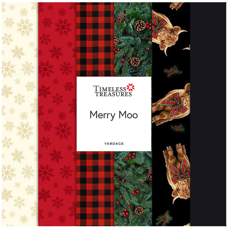fabric swatches of snowflake, pine boughs, buffalo plaid, and highland cow fabrics from the Merry Moo collection.