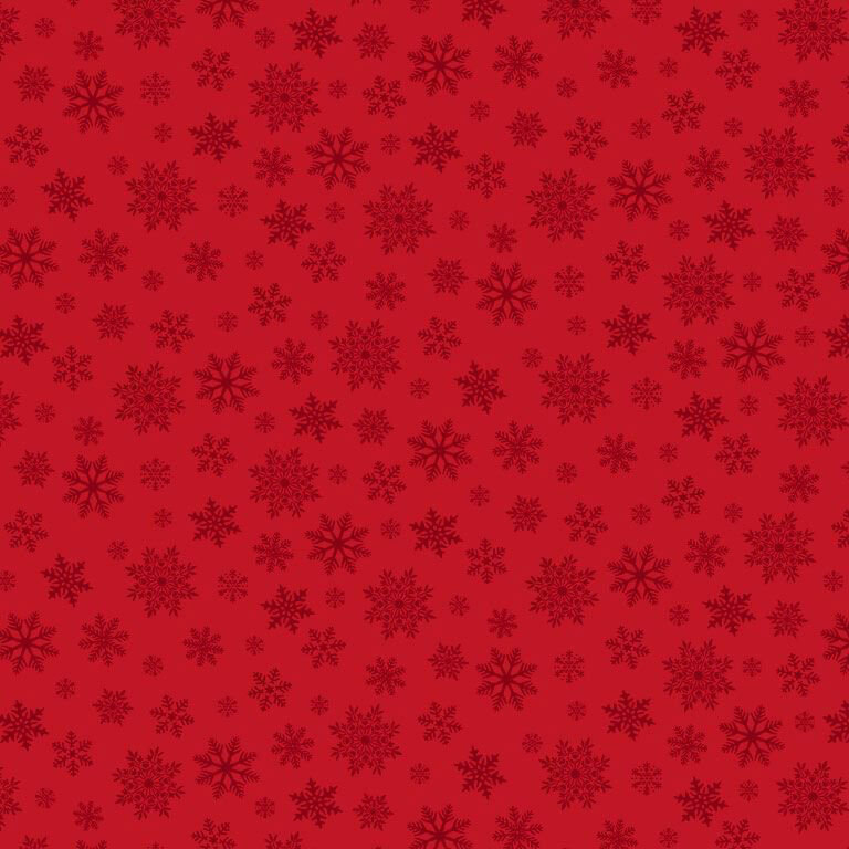 A crimson red fabric with scattered darker red snowflakes in varying sizes and detailed shapes.