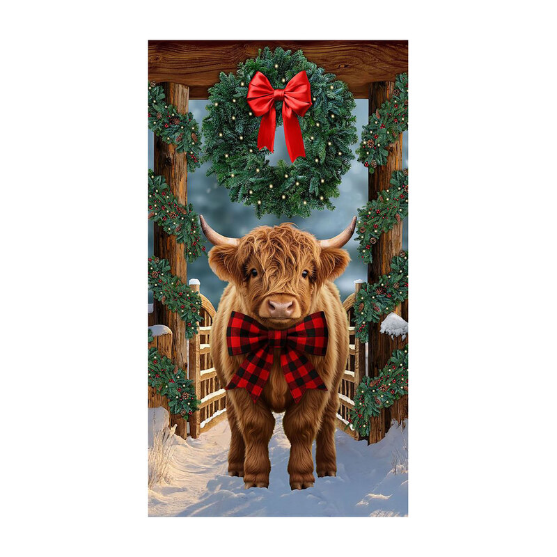 Christmas themed panel fabric featuring a brown highland cow wearing a black and red buffalo check bow in a wreathed stable.