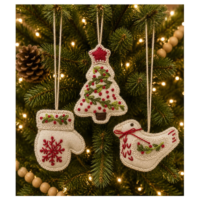 The completed ornaments from the midway wool kit