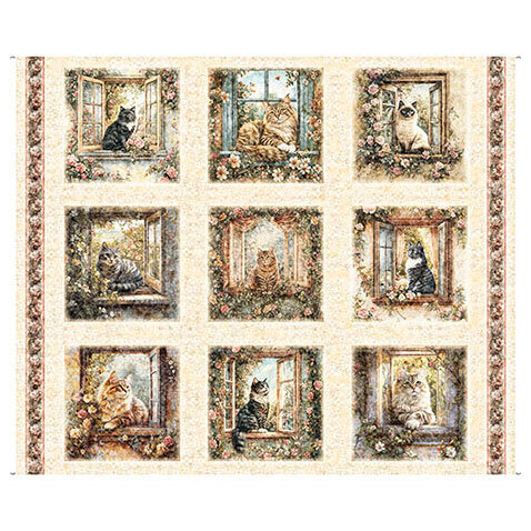 Purrfect Garden 32311-E Cream Cat Vignette Panel by Morris Creative Group for QT Fabrics