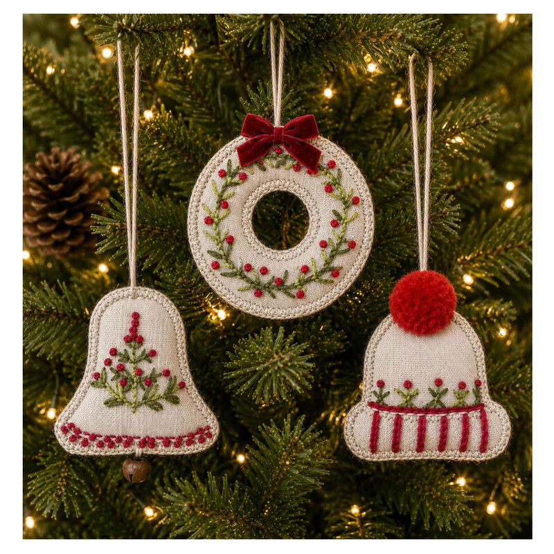 The completed ornaments from the midway wool kit