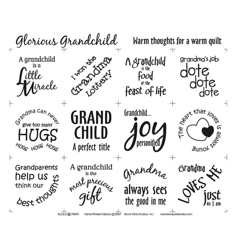 Typographic black and white panel featuring kind phrases about about grandchildren.