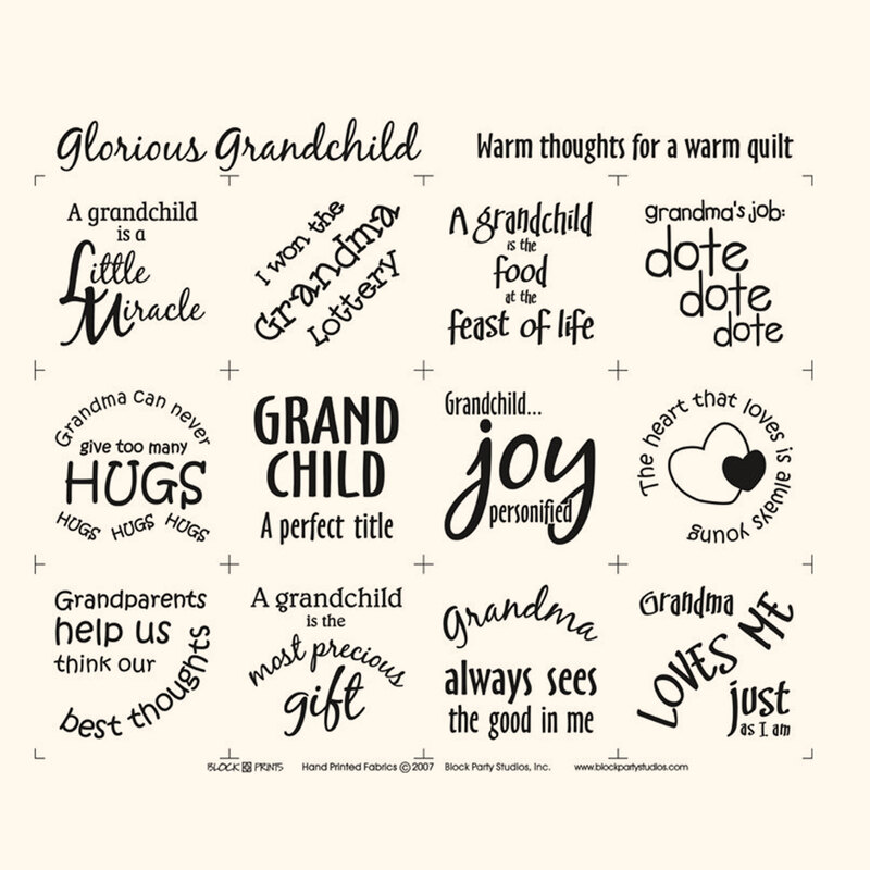 Typographic black and natural panel featuring kind phrases about about grandchildren.