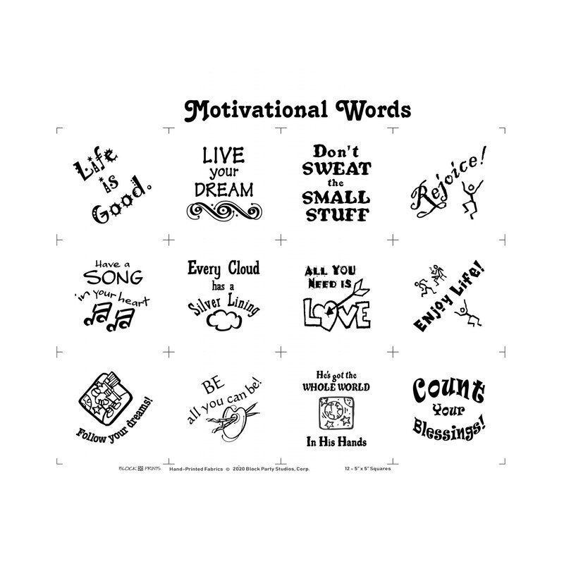 Typographic black and white panel featuring optimistic phrases.