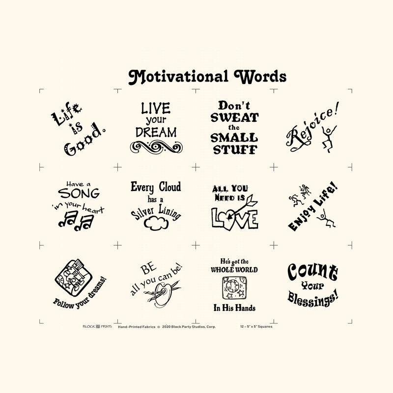 Typographic black and natural panel featuring optimistic phrases.