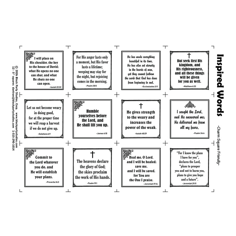Typographic black and white panel featuring scripture phrases.