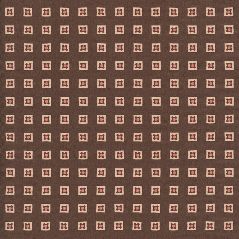 grid-like pattern of cream squares filled with stylized florals on a rich chocolate brown background.