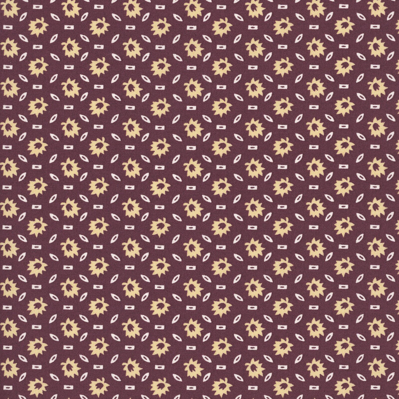 small cream floral motifs accented with soft white geometric shapes arranged across a rich purple-brown background.