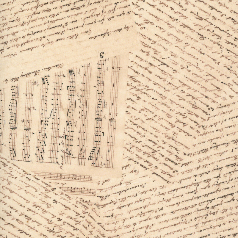 overlapping vintage written correspondence and music sheets on a cream background.