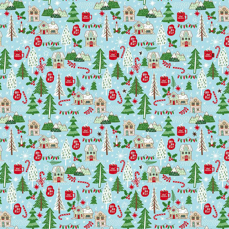 Light blue fabric with a scatter of Christmas motifs like snowy evergreen trees, white stars, candy canes, cocoa mugs, holly sprigs, and more.