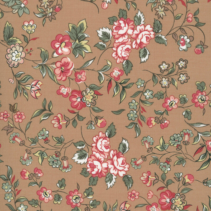 graceful vines with floral pink, cream, red and sage florals scattered across a dark tan background.