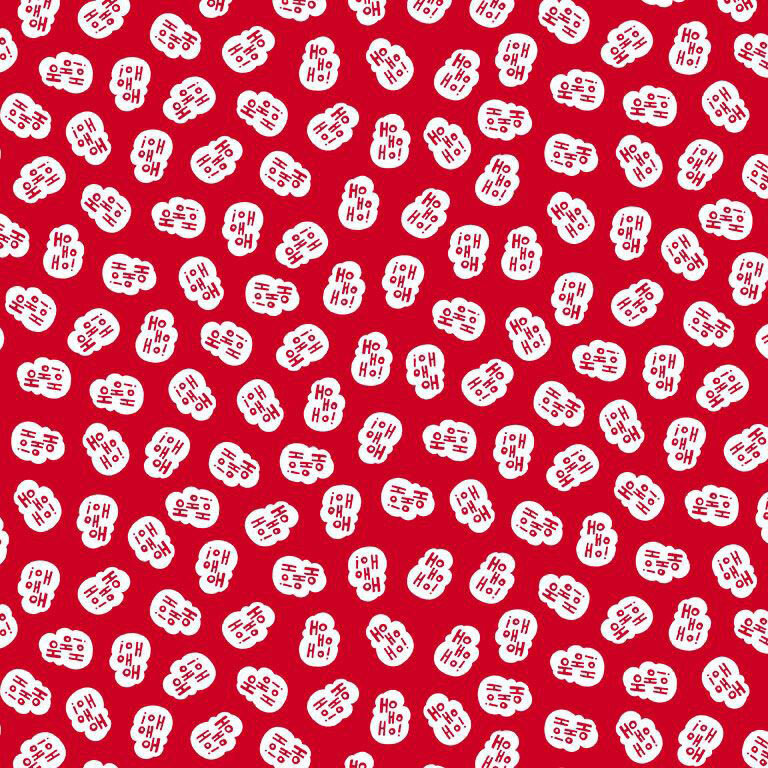 Red fabric with a tossed pattern of the phrase "ho ho ho!" in small white bubbles.