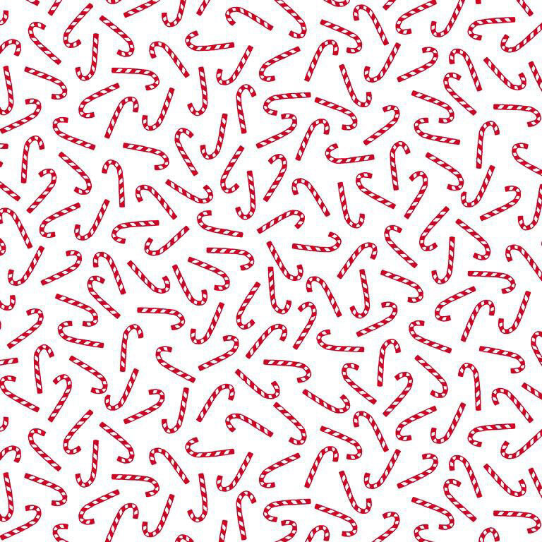 White fabric with a playful, tossed pattern of candy canes.