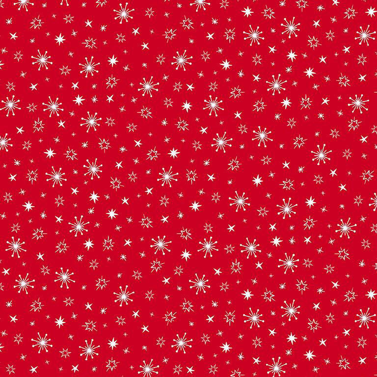 Christmas red fabric with a tossed pattern of small white stars.
