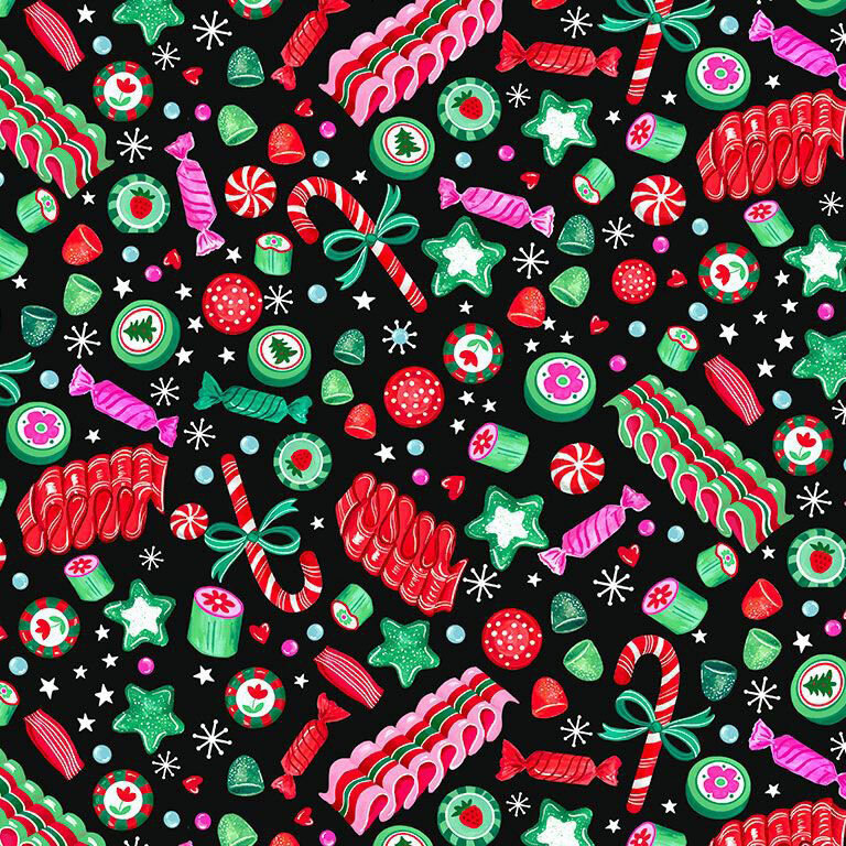 Black fabric with an assorted, tossed pattern of holiday sweets, including candy canes, ribbon candy, gumdrops, mints, and more.