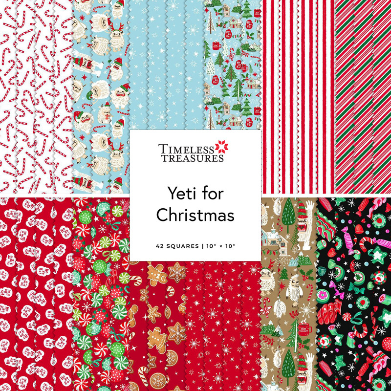 Digital collage of the 10" Square Bundle from the Yeti for Christmas fabric collection.