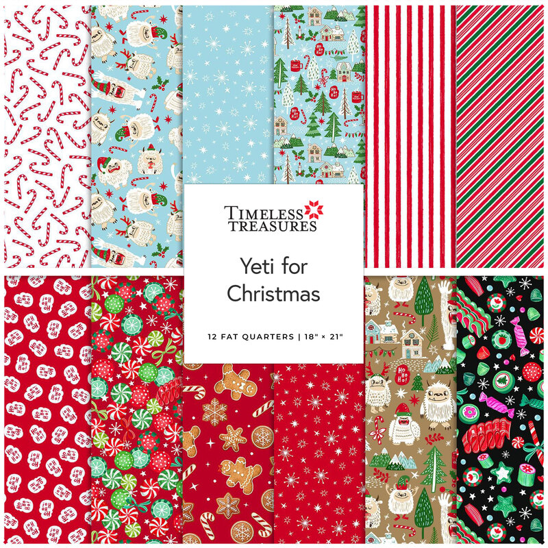 Digital collage of the Fat Quarter Bundle from the Yeti for Christmas fabric collection.