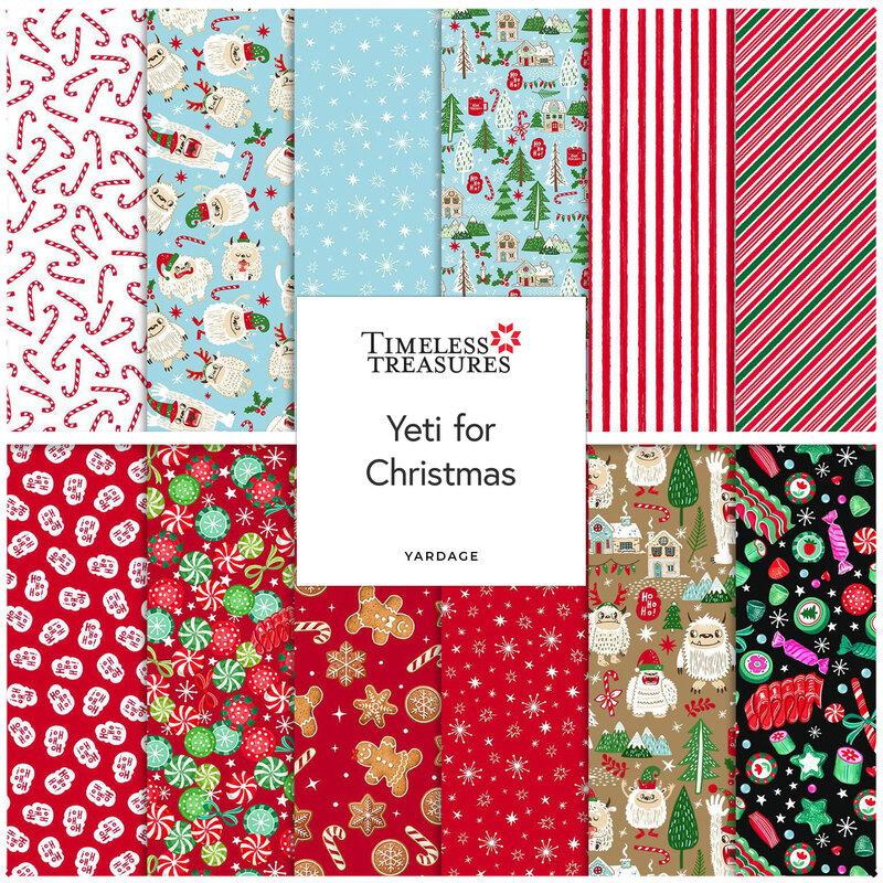 Digital collage of the available yardage fabrics from the Yeti for Christmas fabric collection.