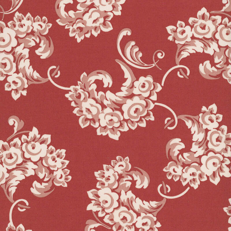cream and blush floral bouquets with scrolling accents on a lipstick red background.