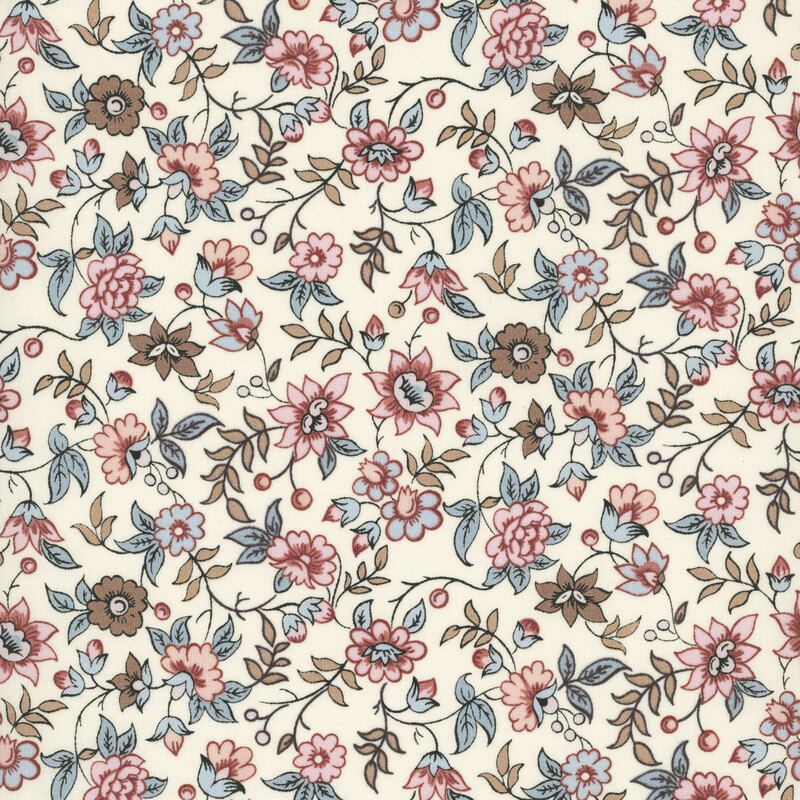 trailing florals and leafy vines in shades of pink, blue, and brown on a soft ivory background.