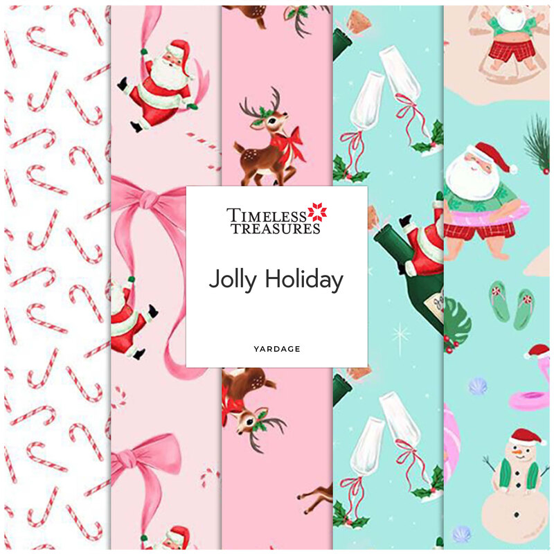 A collage of aqua and pink Christmas novelty fabrics from the Jolly Holiday collection.