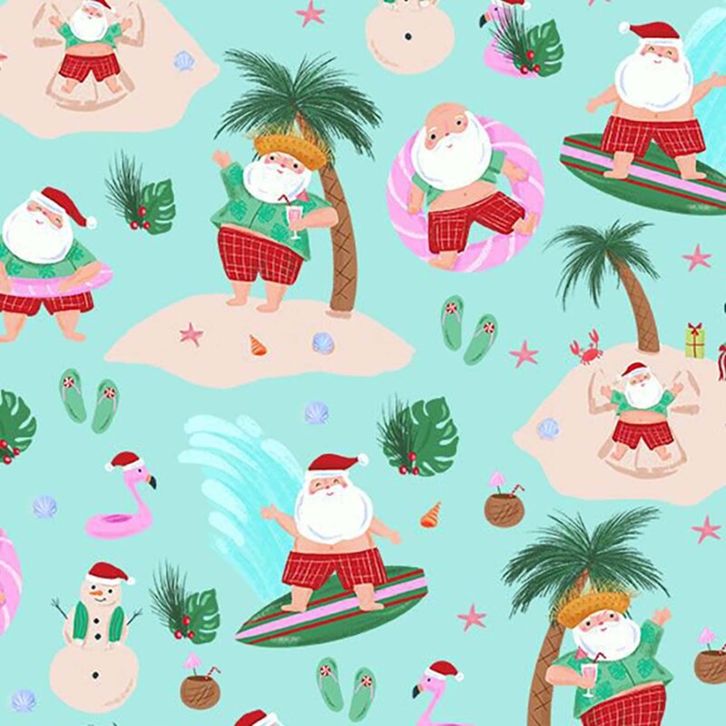 Aqua fabric with Santa in his swimwear participating in various beach vacation activities.