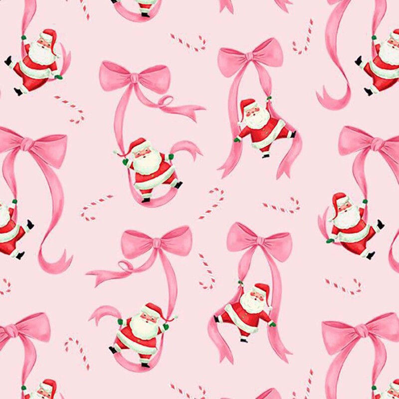 Pink fabric with tossed candy canes and Santa hanging onto large bows.