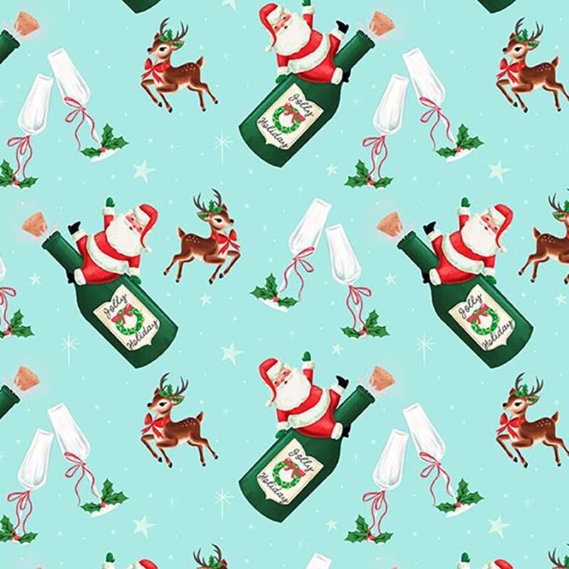 Aqua fabric with reindeer, champagne flutes, and Santa riding a bottle of champagne over a starry background.
