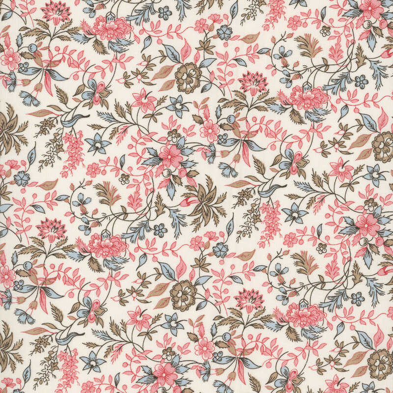vintage florals and trailing vines in shades of taupe, pink, and pale blue on a cream background.