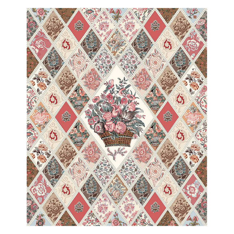diamond panel featuring a patchwork of diamond squares filled with vintage floral prints bordered with a cream and black polka dot trim, with a basket bouquet of pink and blue florals at the center. 