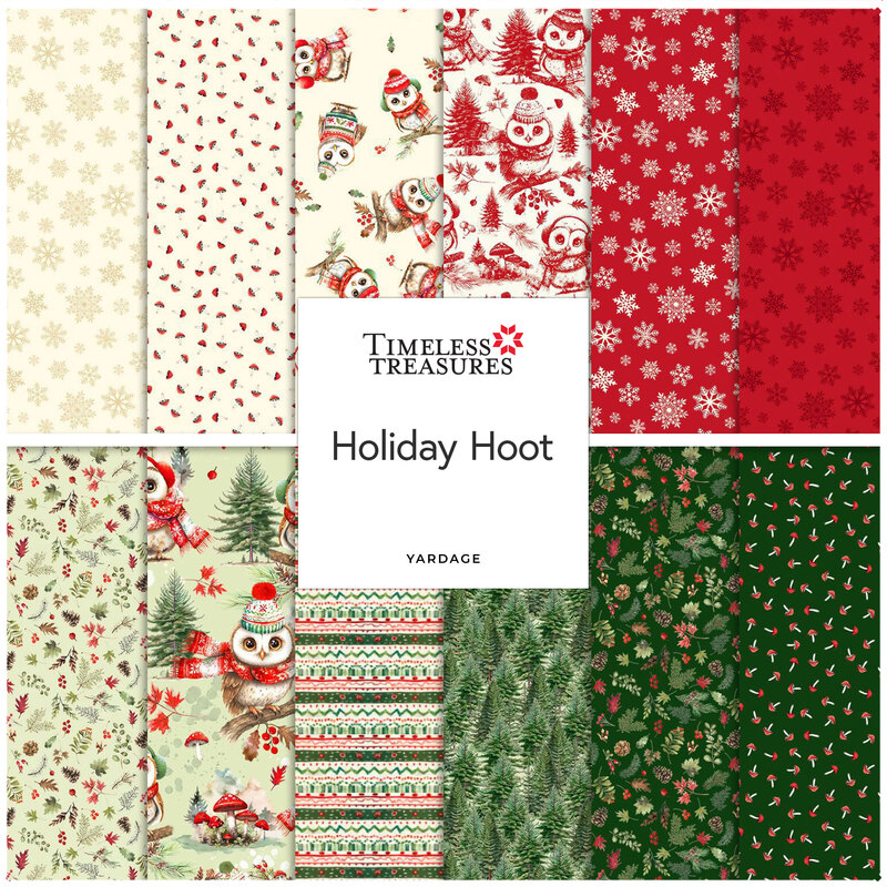 A collage of fabrics featured in the Holiday Hoot Collection by Timeless Treasures Fabrics.