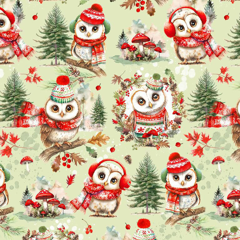 A light mint fabric with Christmas owls wearing winter hats and scarves among evergreen trees, mushrooms, berries, and leaves.