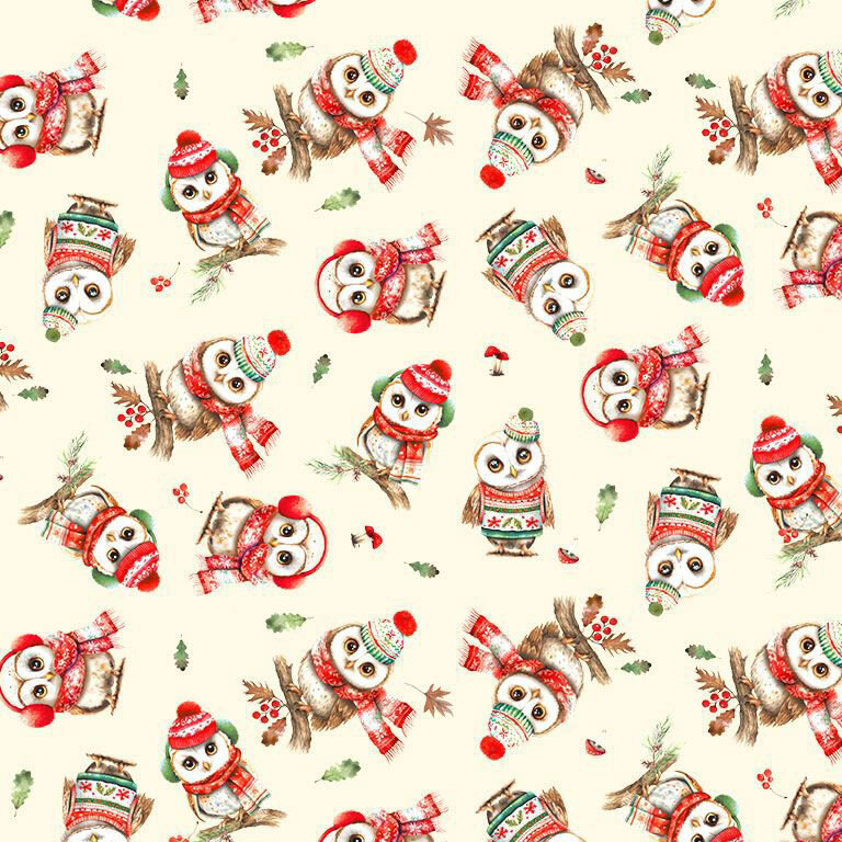 A cream fabric with scattered Christmas owls in red and green winter accessories, small leaves, berries, and pine sprigs.