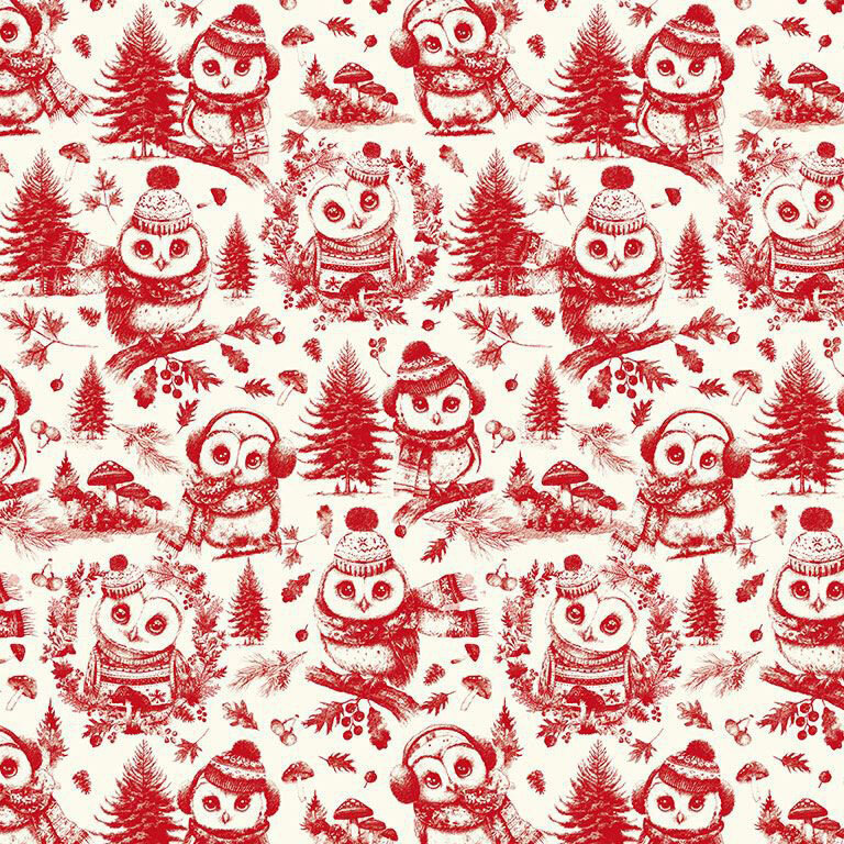 A white fabric with red Christmas owls, evergreen trees, mushrooms, and scattered woodland foliage.