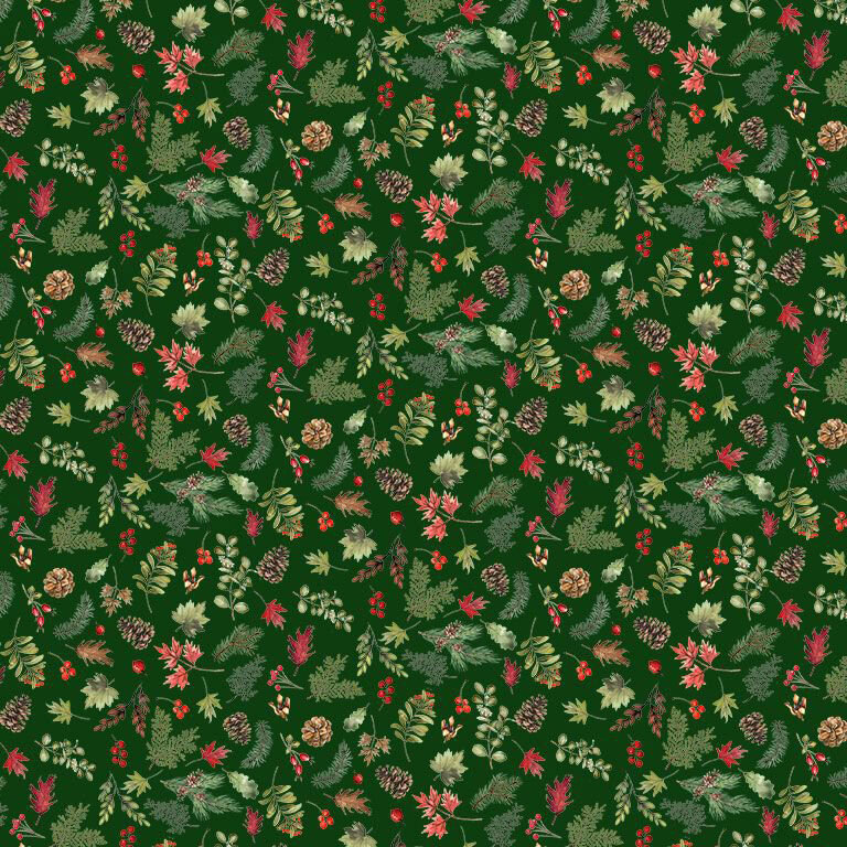 A deep green fabric with scattered evergreen branches, holly leaves, pinecones, and red berries.