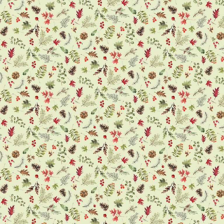 A pale green fabric with scattered evergreen branches, holly leaves, pinecones, and red berries.