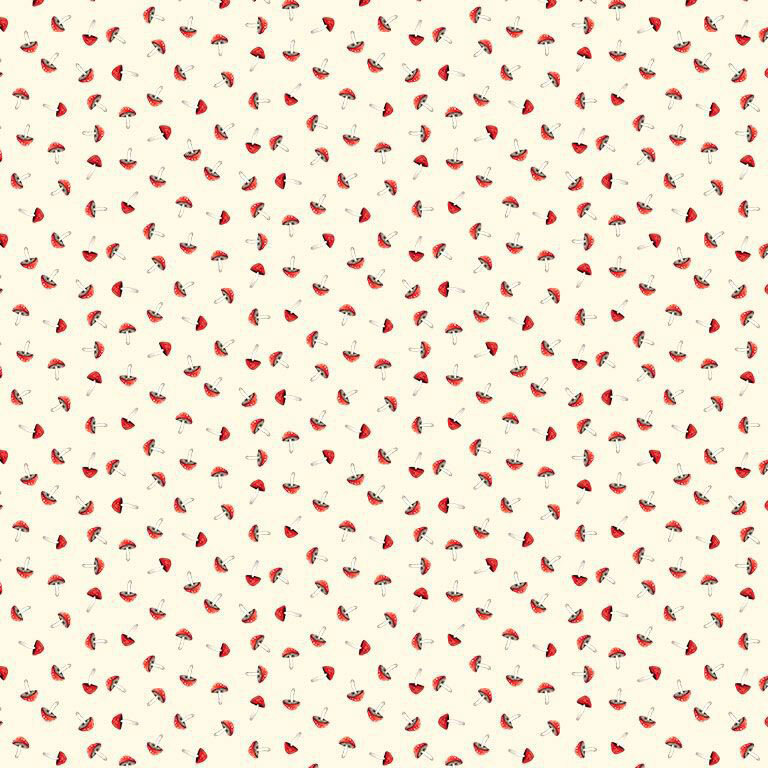 A cream fabric with tiny scattered red mushrooms with white spots and slender stems.