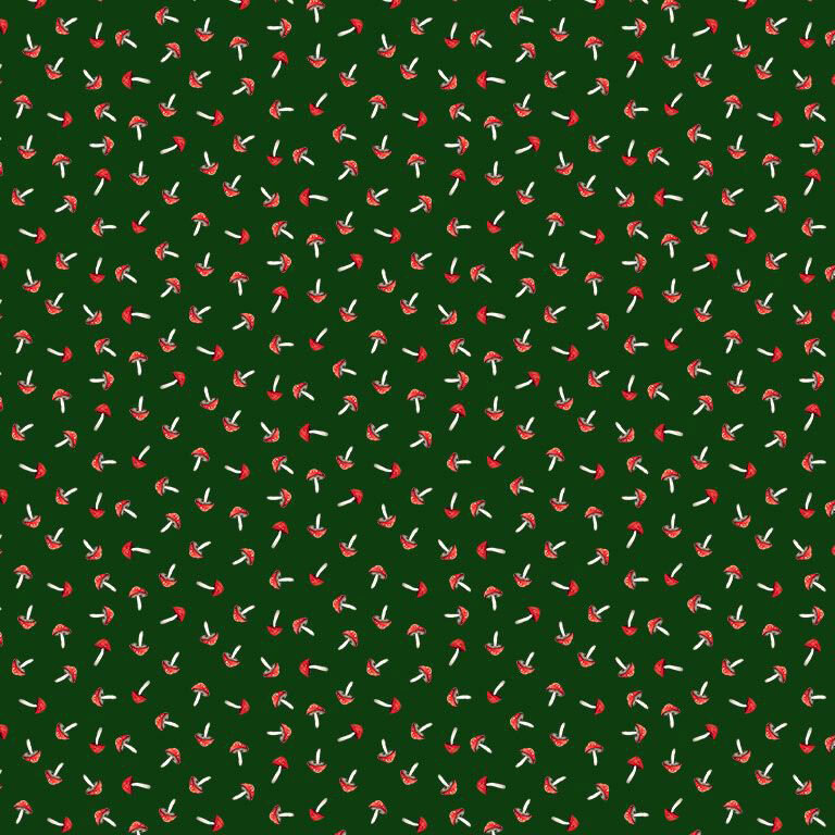 A dark green fabric with tiny scattered red mushrooms with white spots and slender stems.
