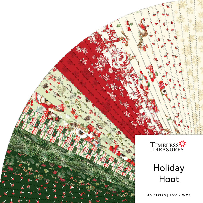 A collage of fabrics featured in the Holiday Hoot Jelly Roll by Timeless Treasures Fabrics.